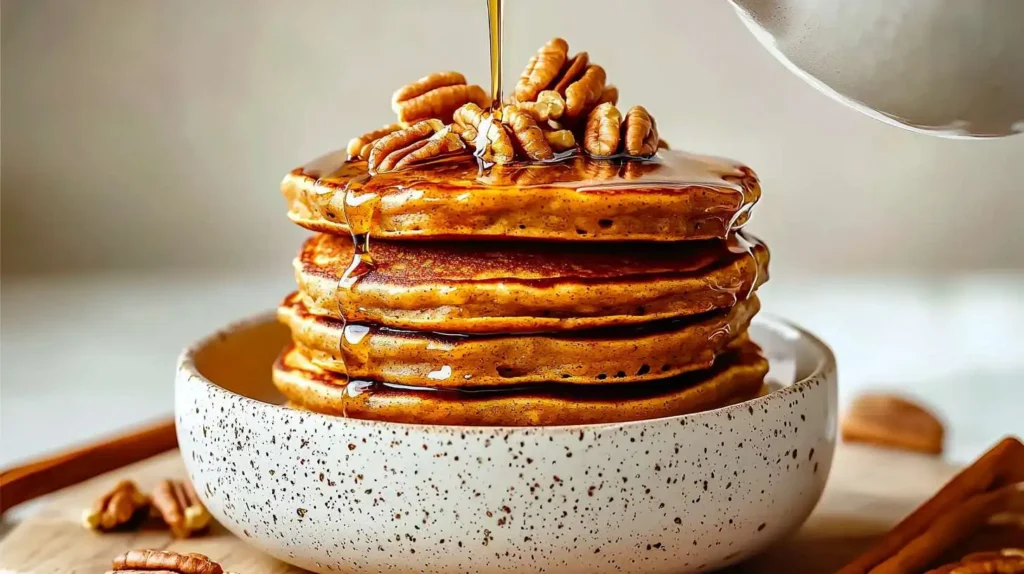 A stack of fluffy pumpkin protein pancakes topped with pecans and drizzled with golden syrup, served in a speckled ceramic bowl on a rustic wooden surface.