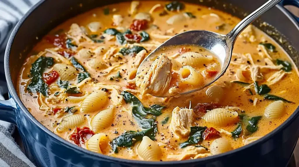 A hearty pot of Marry Me Chicken Soup with shell pasta, shredded chicken, spinach, and sun-dried tomatoes in a creamy, flavorful broth, being served with a ladle.