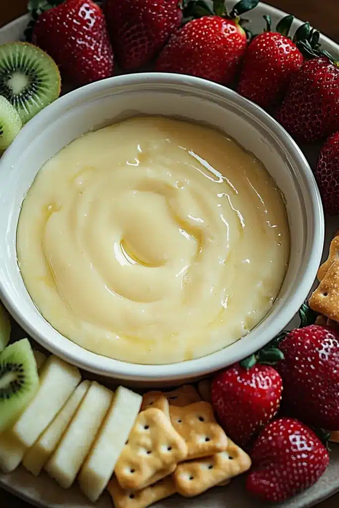 A bowl of creamy Cheesecake Fondue surrounded by fresh strawberries, kiwi slices, apple slices, and crackers, arranged on a platter for dipping.