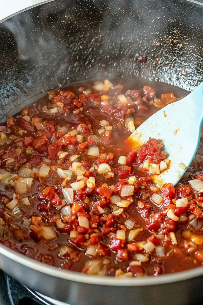 A simmering pan of rich tomato-based sauce with diced onions, garlic, and tomatoes, stirred with a turquoise spatula.