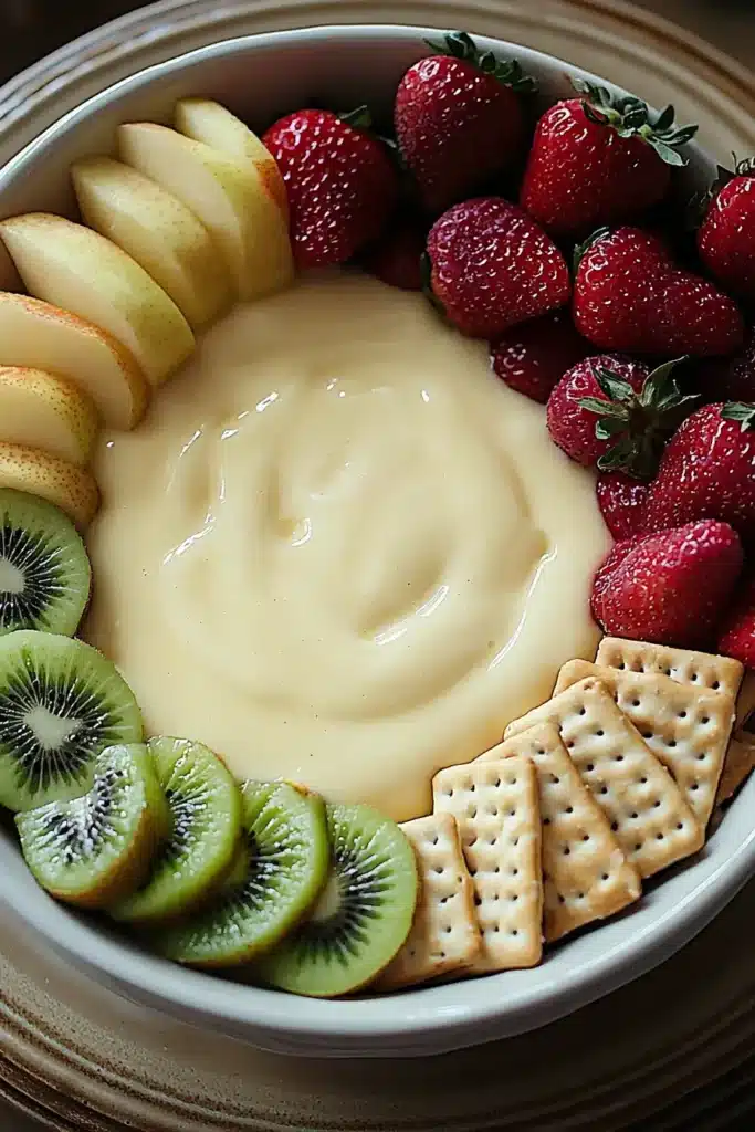 A bowl of creamy Cheesecake Fondue surrounded by fresh strawberries, sliced apples, sliced kiwi, and buttery crackers, beautifully arranged on a serving plate.