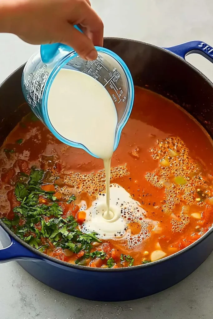 A vibrant pot of tomato-based soup in a blue Dutch oven, with a hand pouring creamy milk from a measuring cup, and fresh chopped herbs on top.