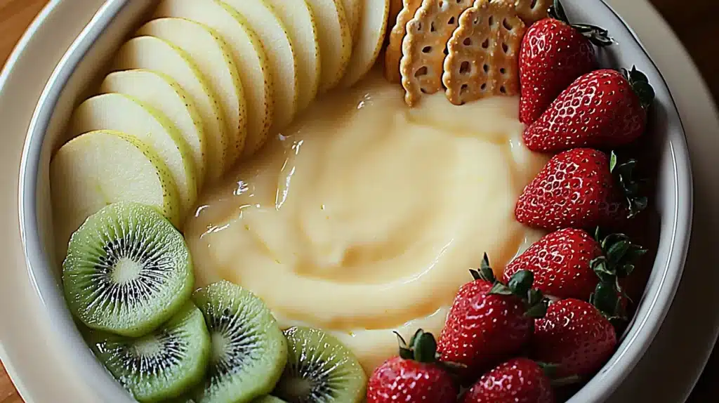 A bowl of creamy Cheesecake Fondue surrounded by sliced green apples, fresh strawberries, kiwi slices, and crispy crackers, arranged neatly on a serving platter.