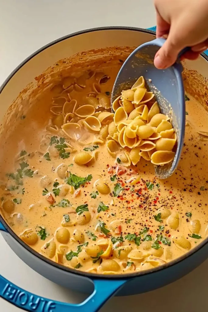 A pot of creamy "Marry Me" chicken soup with pasta shells being added, garnished with fresh parsley, red chili flakes, and black pepper.