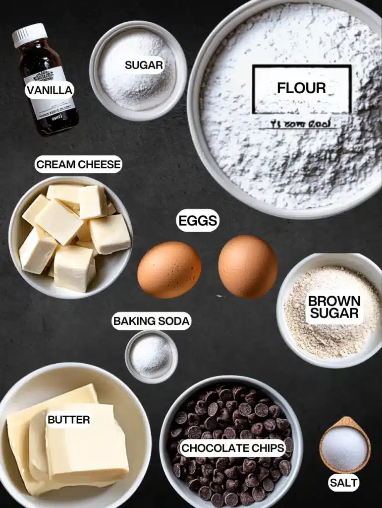 A flat-lay of labeled ingredients for Chocolate Chip Cheesecake Cookies, including flour, sugar, brown sugar, butter, cream cheese, eggs, vanilla extract, chocolate chips, baking soda, and salt, arranged on a dark background.