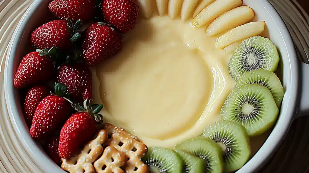 A bowl of creamy Cheesecake Fondue surrounded by fresh strawberries, apple slices, kiwi slices, and crispy crackers, beautifully arranged on a round serving platter.