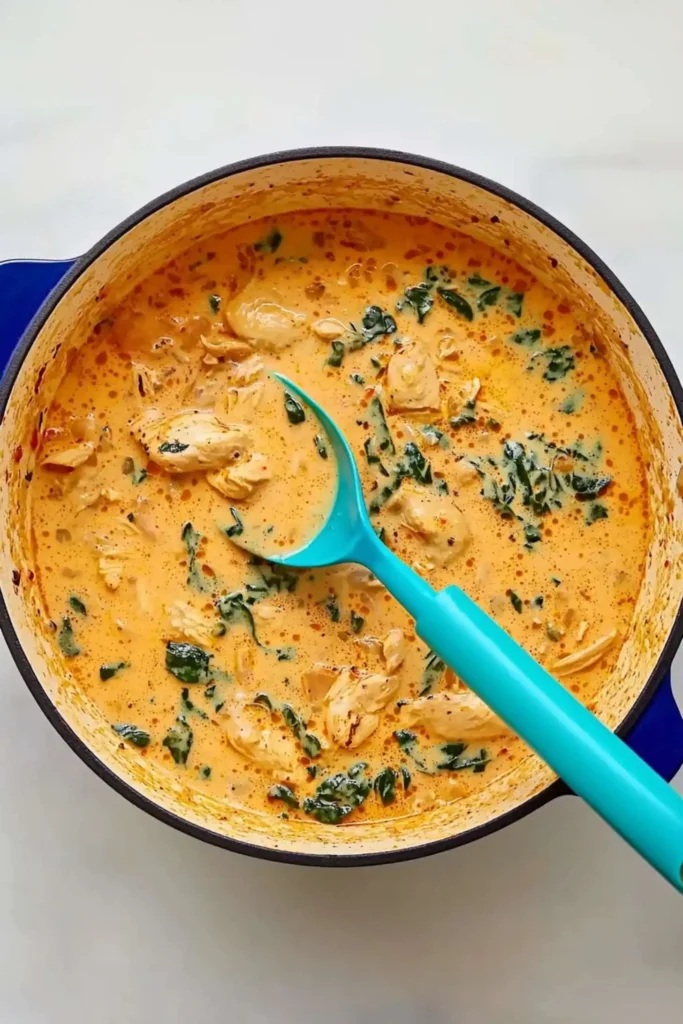 A pot of creamy Marry Me Chicken Soup with shredded chicken, spinach, and a vibrant orange broth, stirred with a turquoise ladle.