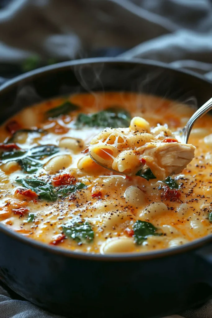 A close-up of a steaming bowl of "Marry Me" chicken soup, filled with tender chicken, pasta shells, spinach, and sun-dried tomatoes in a creamy, seasoned broth.