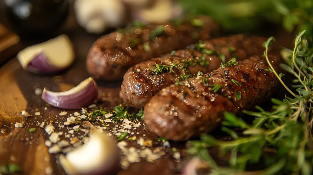 Grilled beef sausages garnished with fresh herbs, served on a wooden board alongside garlic cloves and onion slices.