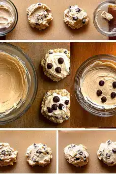 Step-by-step preparation of Chocolate Chip Cheesecake Cookies, showing creamy cheesecake batter, cookie dough with chocolate chips, and the formation process on a wooden surface.