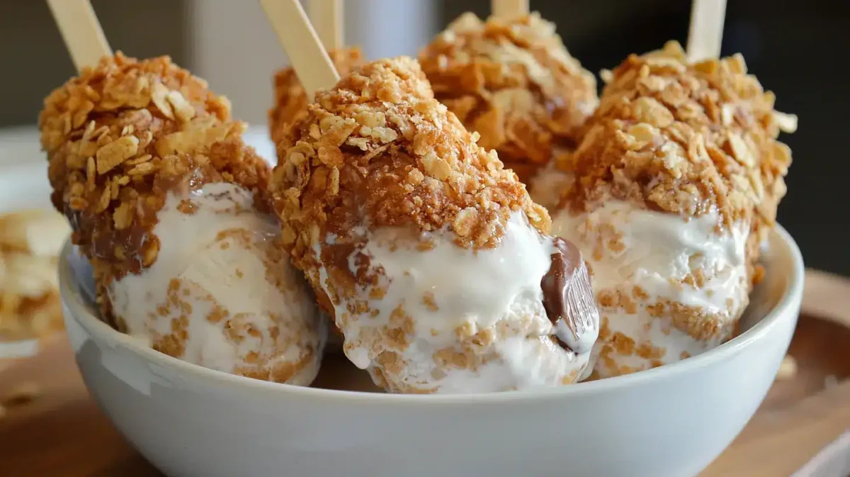 Close-up of Fried Chicken Ice Cream, a creative dessert resembling crispy fried chicken, with creamy vanilla ice cream coated in a crunchy golden cornflake crust.