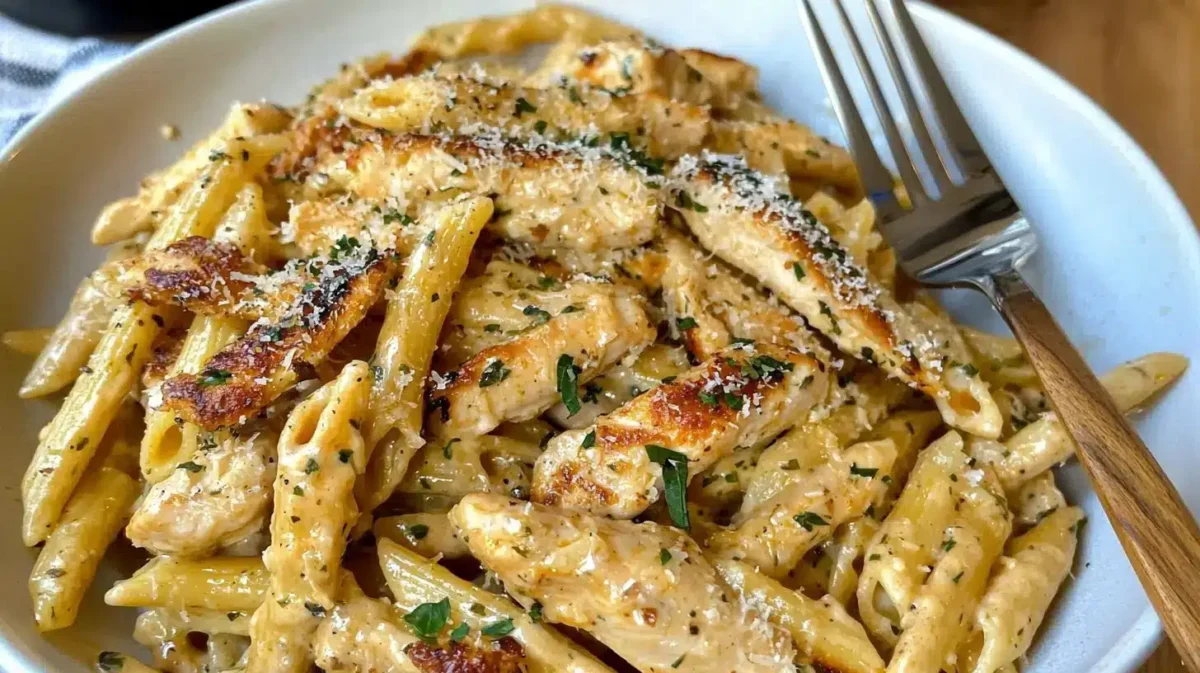 Creamy Garlic Parmesan Chicken Pasta with golden-brown chicken strips, topped with fresh parsley and grated Parmesan, served in a white bowl.