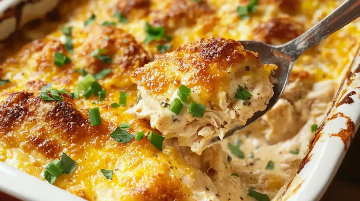 A rich and creamy Million Dollar Chicken Casserole topped with golden melted cheese and garnished with fresh green onions, served in a white baking dish.