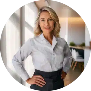 Savannah, a confident and professional woman with elegantly styled blonde hair, is wearing a striped white blouse and a black apron, standing in a modern, well-lit kitchen space.