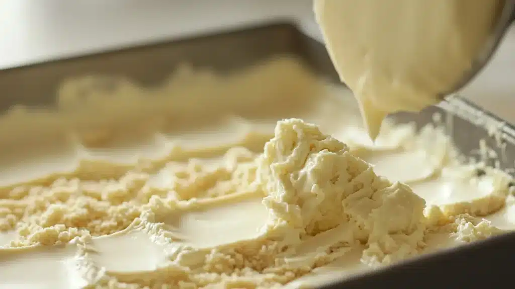 Close-up of creamy cheesecake mixture being spread over graham cracker crumbs in a baking pan, capturing the layering process.