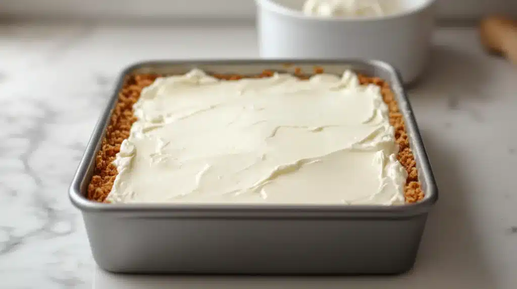 A rectangular baking pan filled with smooth, creamy cheesecake mixture spread evenly over a golden graham cracker crust, ready to chill.