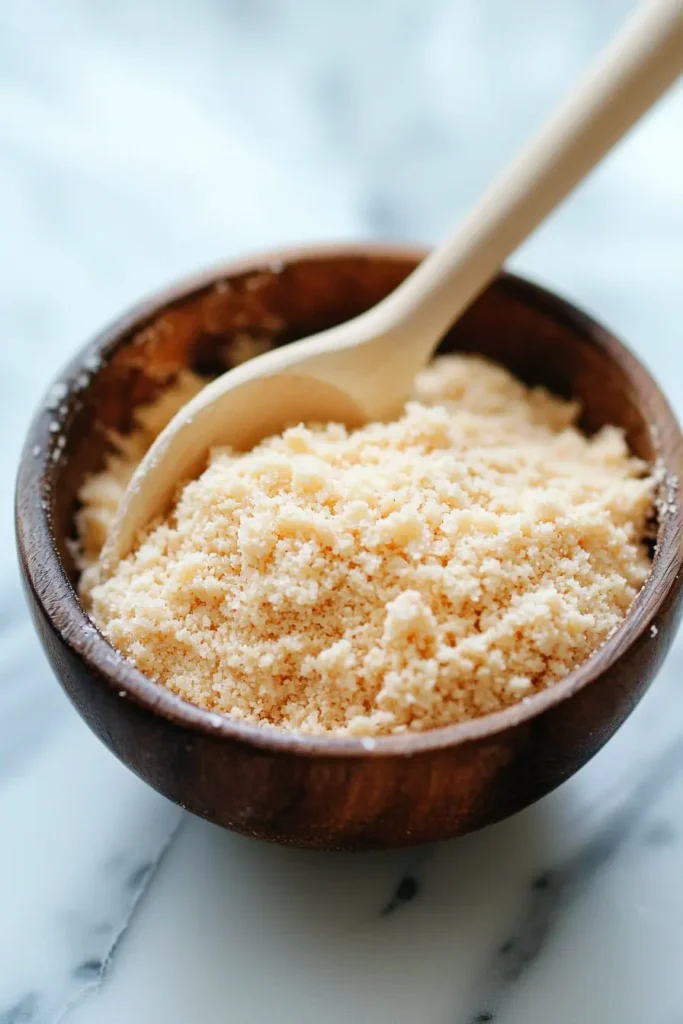 A wooden bowl filled with finely crushed graham cracker crumbs and a wooden spoon, resting on a marble countertop.