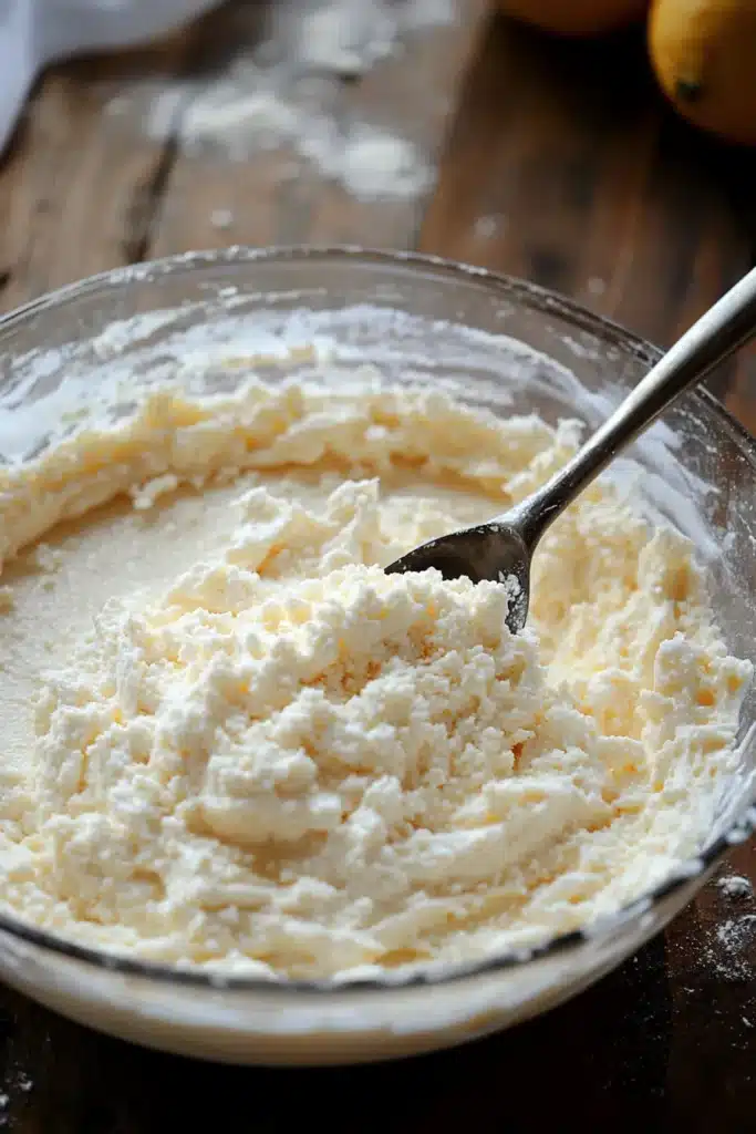 A glass bowl filled with a creamy cheesecake mixture being stirred with a metal spoon, sitting on a rustic wooden table.