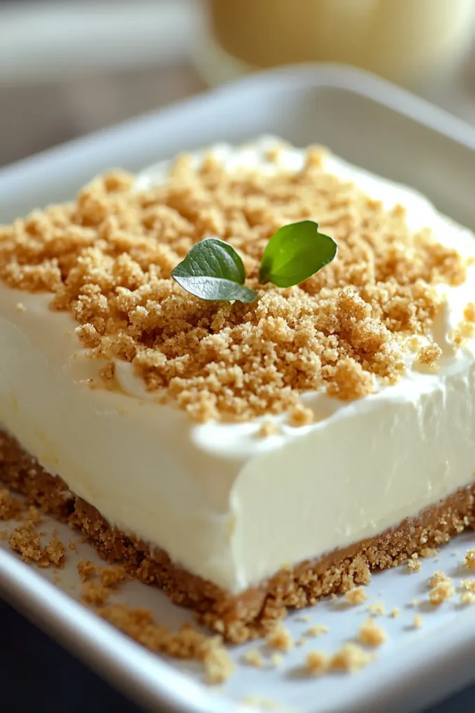 A slice of Woolworth cheesecake with a golden graham cracker crust, creamy white filling, and crumbly topping, garnished with a fresh mint leaf on top.