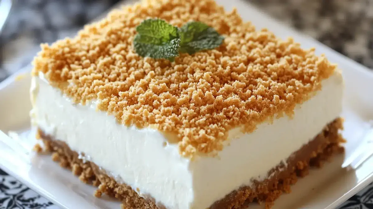 A slice of Woolworth cheesecake featuring a creamy white filling, a crumbly golden topping, and a buttery graham cracker crust, garnished with a fresh mint leaf on top.