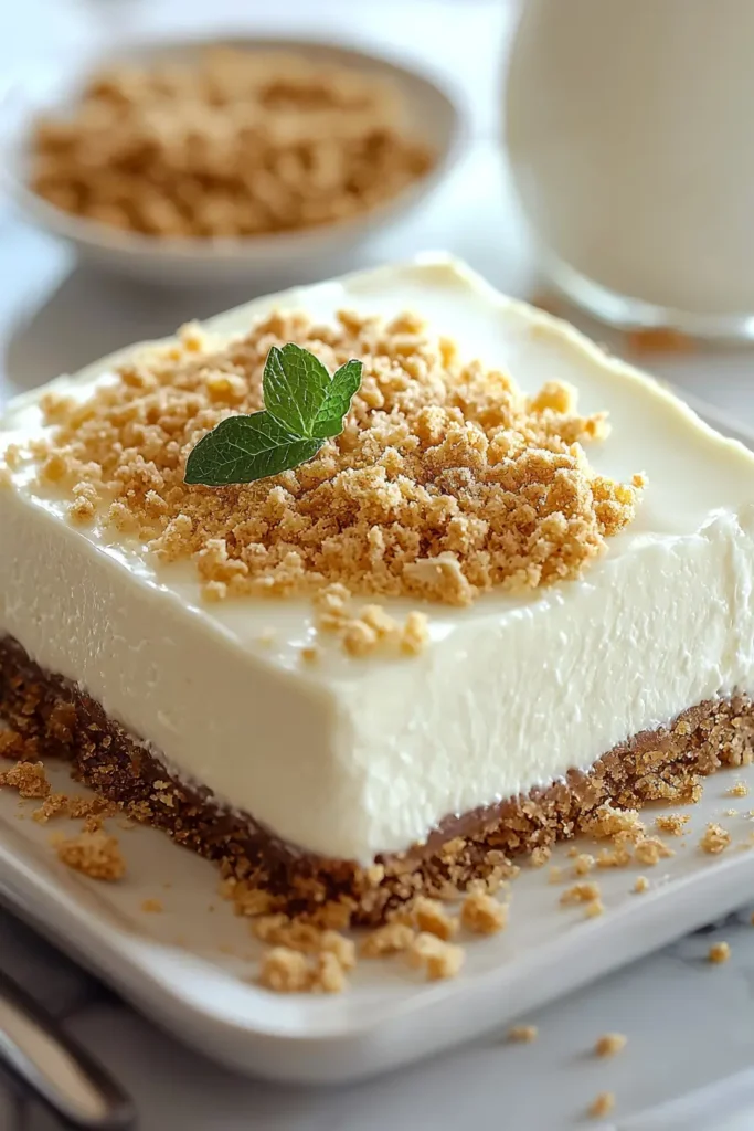 A slice of Woolworth cheesecake with a creamy filling, a crumbly graham cracker crust, and a golden crumb topping, garnished with a fresh mint leaf, served on a white plate.