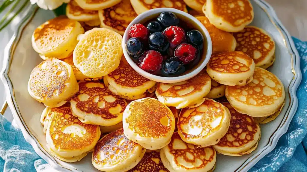 A plate of golden, fluffy mini pancakes served with a bowl of fresh berries and syrup, creating a delightful breakfast spread.