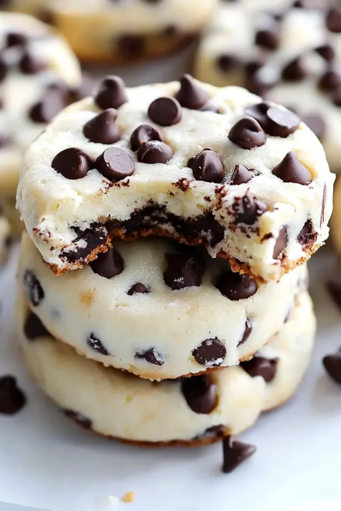 Stack of Chocolate Chip Cheesecake Cookies topped with chocolate chips, with a bite taken out of the top cookie, showcasing its soft and creamy texture.