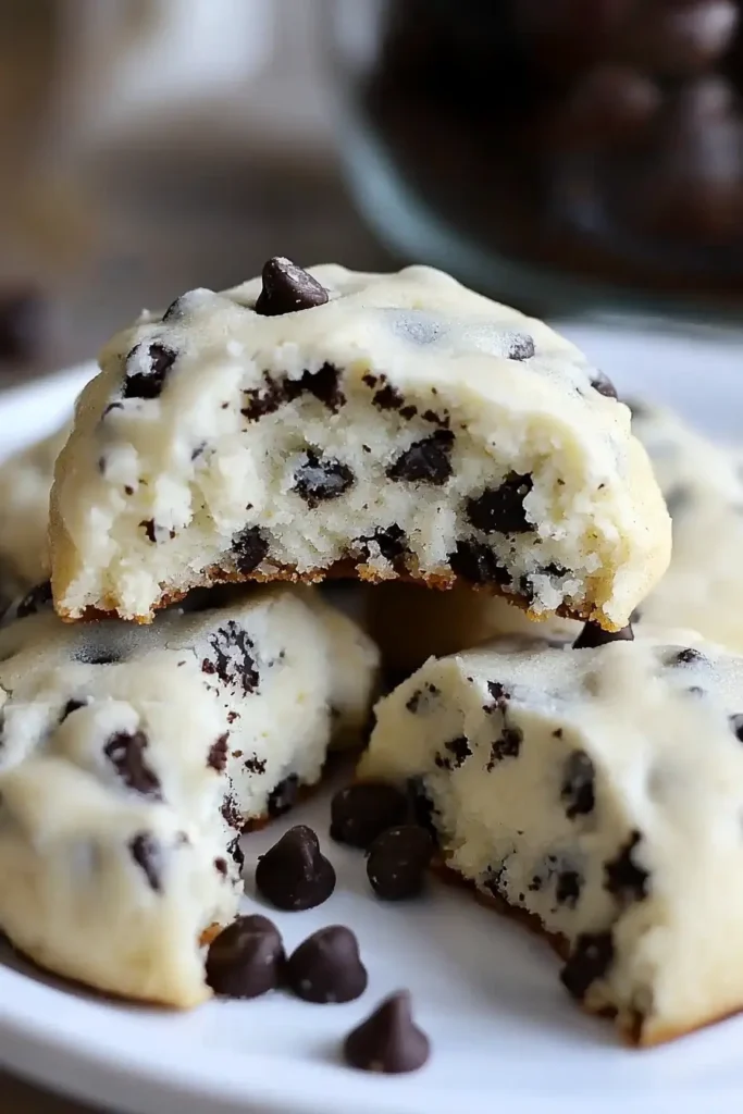 Chocolate Chip Cheesecake Cookies on a white plate, with one cookie broken in half, revealing its soft, creamy interior filled with chocolate chips.