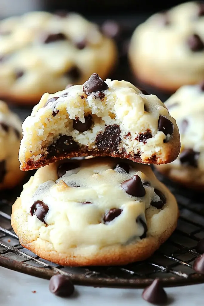 Close-up of Chocolate Chip Cheesecake Cookies on a cooling rack, with one cookie stacked and a bite taken out, showing the soft, creamy interior filled with chocolate chips.