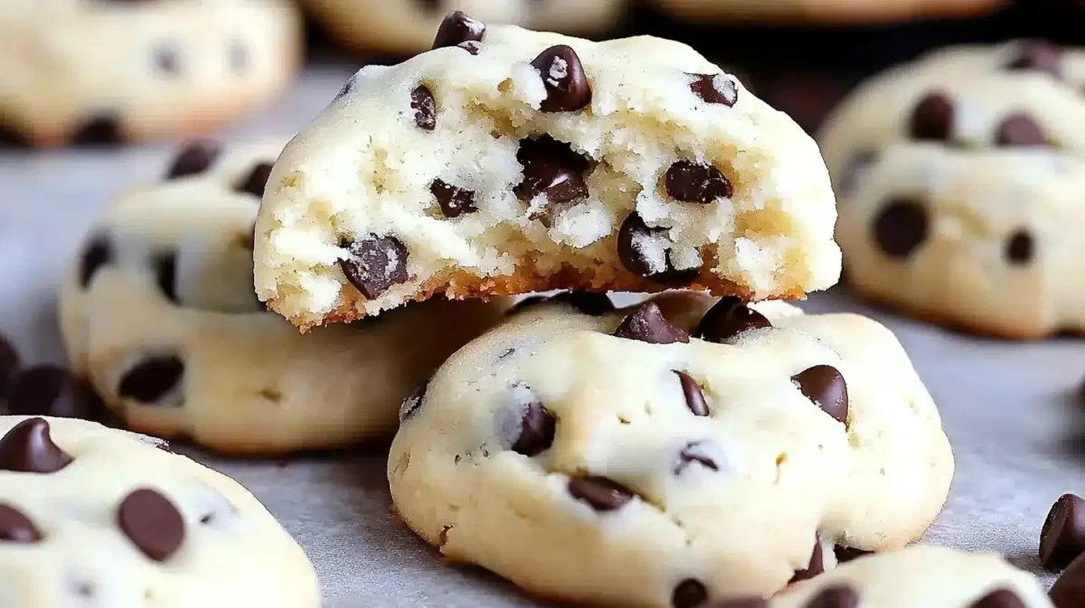 Soft and fluffy Chocolate Chip Cheesecake Cookies with chocolate chips throughout, one cookie broken in half to reveal its creamy interior.