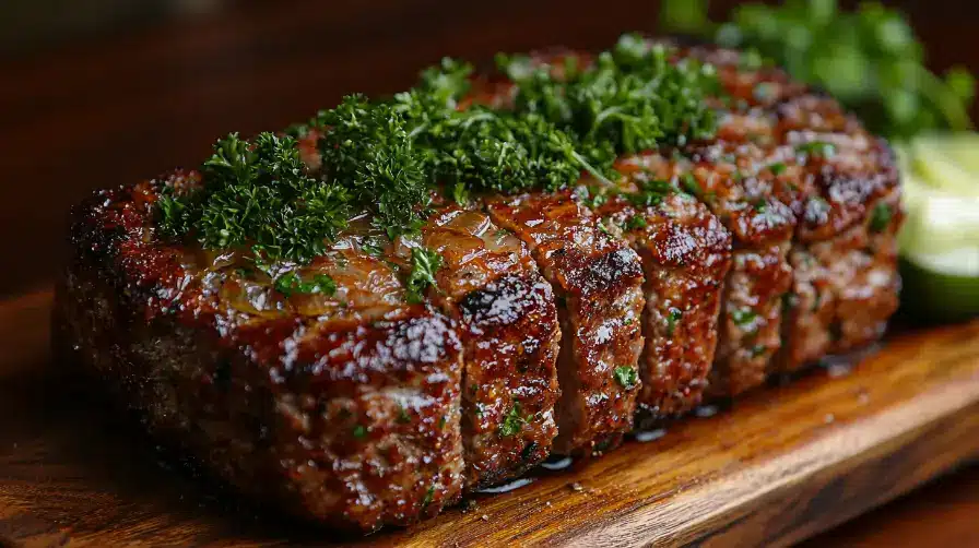 A perfectly glazed meatloaf made with Lipton Onion Soup Mix, garnished with fresh parsley and served on a wooden platter.