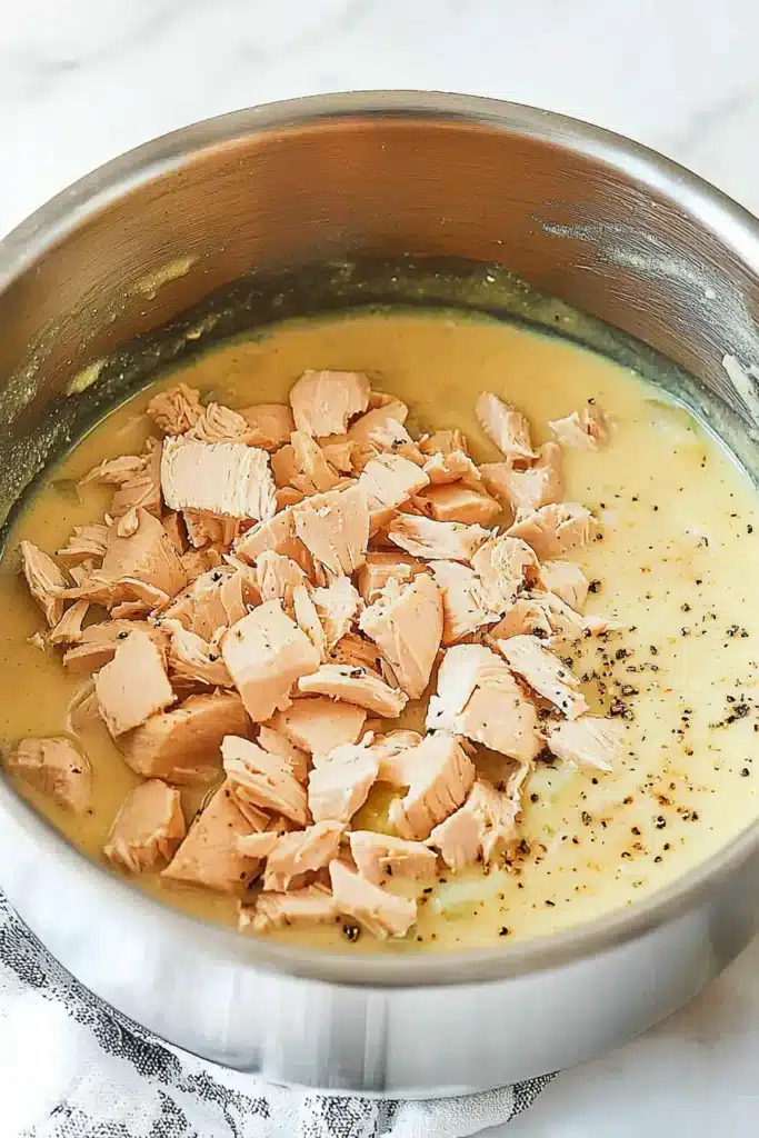 Chunks of cooked chicken being added to a pot of creamy dairy-free cream of chicken soup.