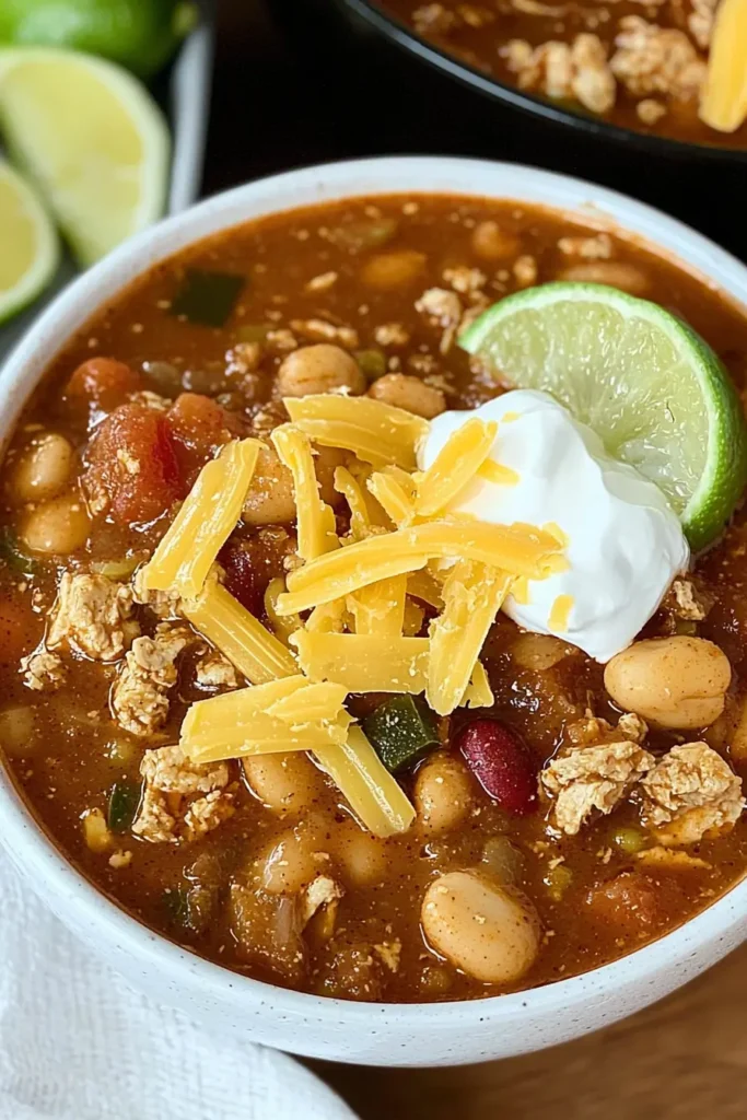 A bowl of gluten-free turkey chili topped with shredded cheddar cheese, sour cream, and a slice of lime.