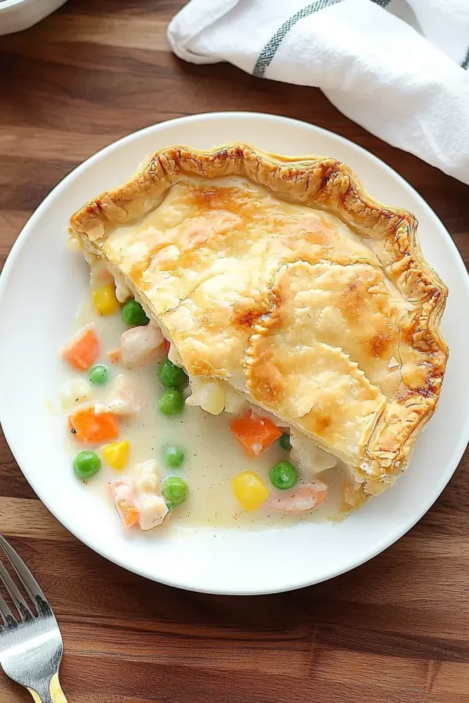 A slice of chicken pot pie with a flaky golden crust, filled with creamy chicken, peas, carrots, and corn, served on a white plate.