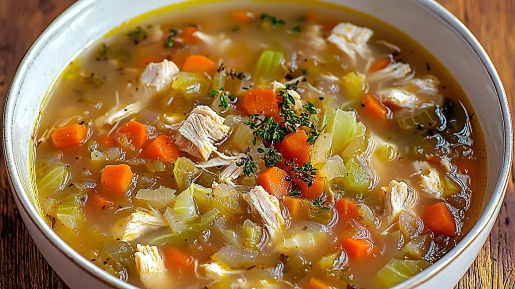 A bowl of chicken and cabbage soup filled with tender chicken pieces, carrots, celery, cabbage, and herbs in a warm, savory broth.