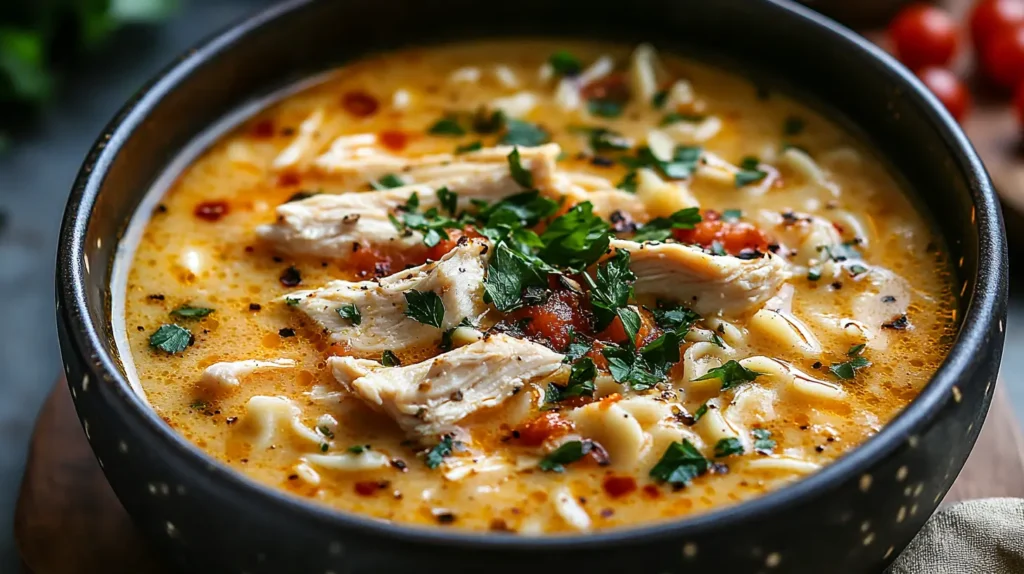 A bowl of creamy crack chicken noodle soup topped with shredded chicken, fresh parsley, and a drizzle of chili oil.