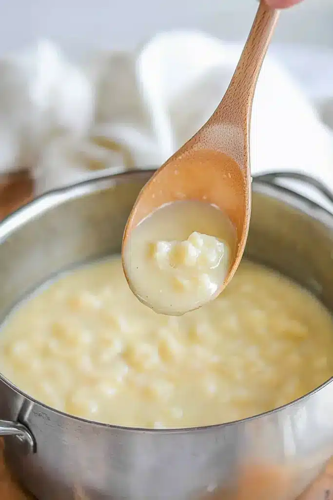 A wooden spoon holding a scoop of creamy dairy-free cream of chicken soup over a pot.