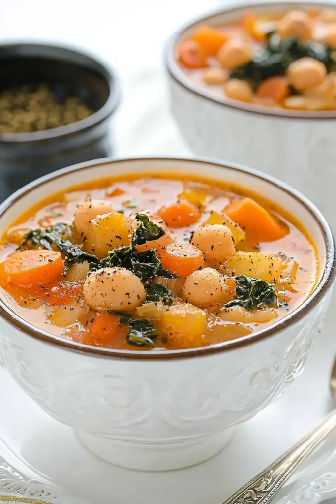 A bowl of gluten-free ten vegetable soup featuring chickpeas, carrots, kale, and a flavorful broth, served in an elegant white bowl.