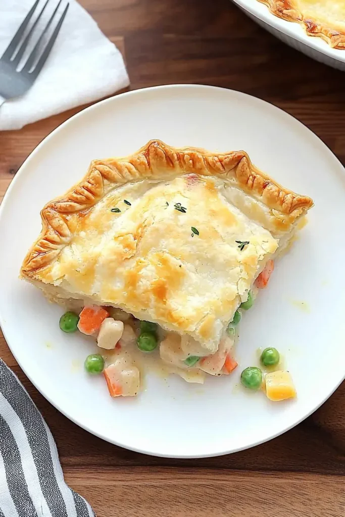 A slice of homemade chicken pot pie with a golden, flaky crust and a creamy filling of chicken, peas, carrots, and corn.