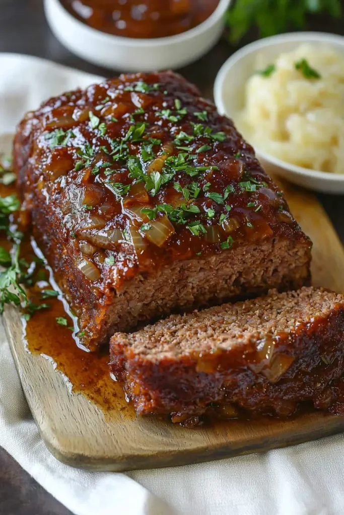 A sliced Lipton Onion Soup Meatloaf garnished with fresh parsley, served on a wooden board with mashed potatoes and sauce in the background.