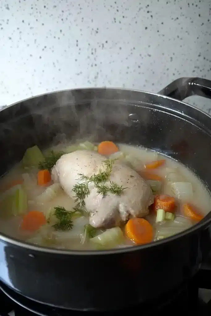  A pot of steaming chicken soup with tender chicken, carrots, celery, and a garnish of fresh dill.