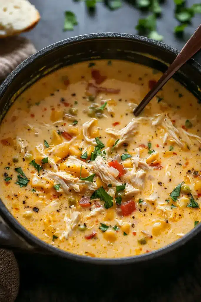 A hearty bowl of crack chicken noodle soup garnished with shredded chicken, fresh parsley, and a creamy, flavorful broth.