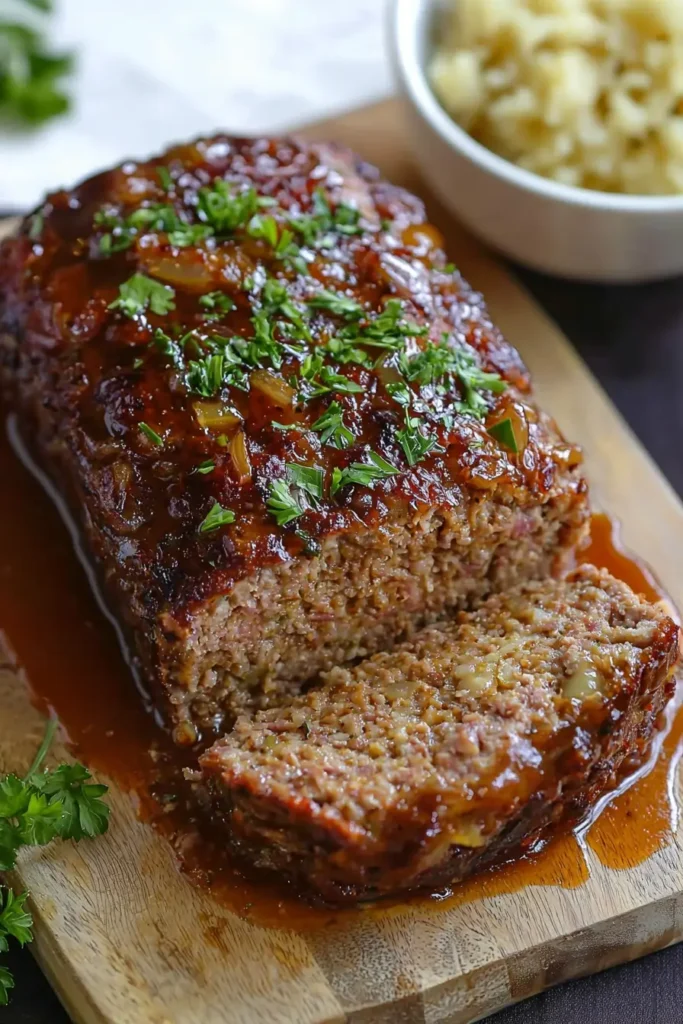 A beautifully glazed Lipton Onion Soup Meatloaf garnished with fresh parsley, sliced to reveal its moist and tender texture, served on a wooden board with a bowl of mashed potatoes in the background.