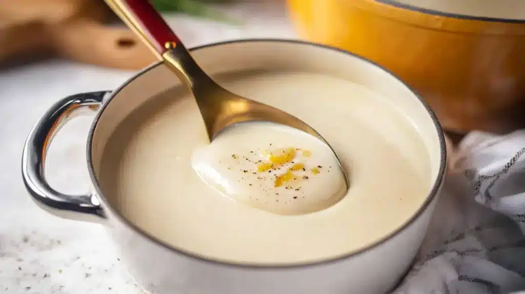 A creamy 4-ingredient potato soup served in a gray pot, garnished with black pepper and fresh parsley, with a ladle scooping out the smooth soup.