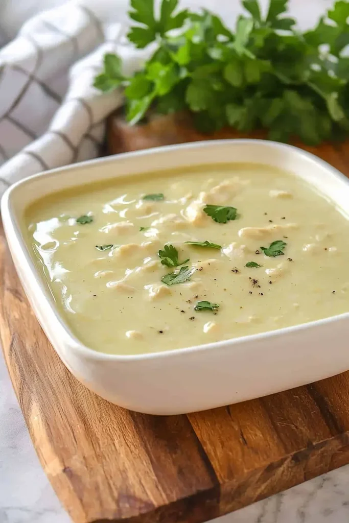 A creamy bowl of dairy-free cream of chicken soup, garnished with parsley and black pepper, served on a wooden board.