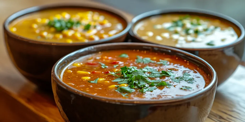 Three bowls of vibrant gluten-free soups garnished with fresh herbs, featuring rich broths and hearty ingredients.