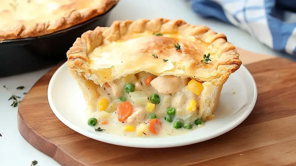 A slice of chicken pot pie filled with creamy chicken, peas, carrots, and corn, served on a white plate with a flaky golden crust.