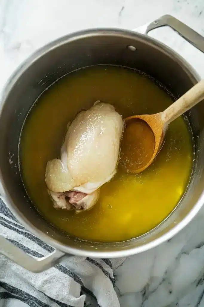 A chicken thigh simmering in golden broth inside a stainless steel pot, with a wooden spoon resting in the broth.