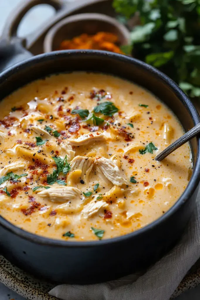 A creamy bowl of crack chicken noodle soup topped with shredded chicken, fresh parsley, and a sprinkle of chili flakes for added spice.