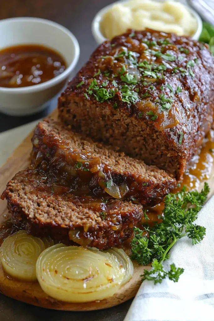 Juicy Lipton Onion Soup Meatloaf garnished with fresh parsley, topped with caramelized onions, served with roasted onion slices and a side of mashed potatoes and onion gravy